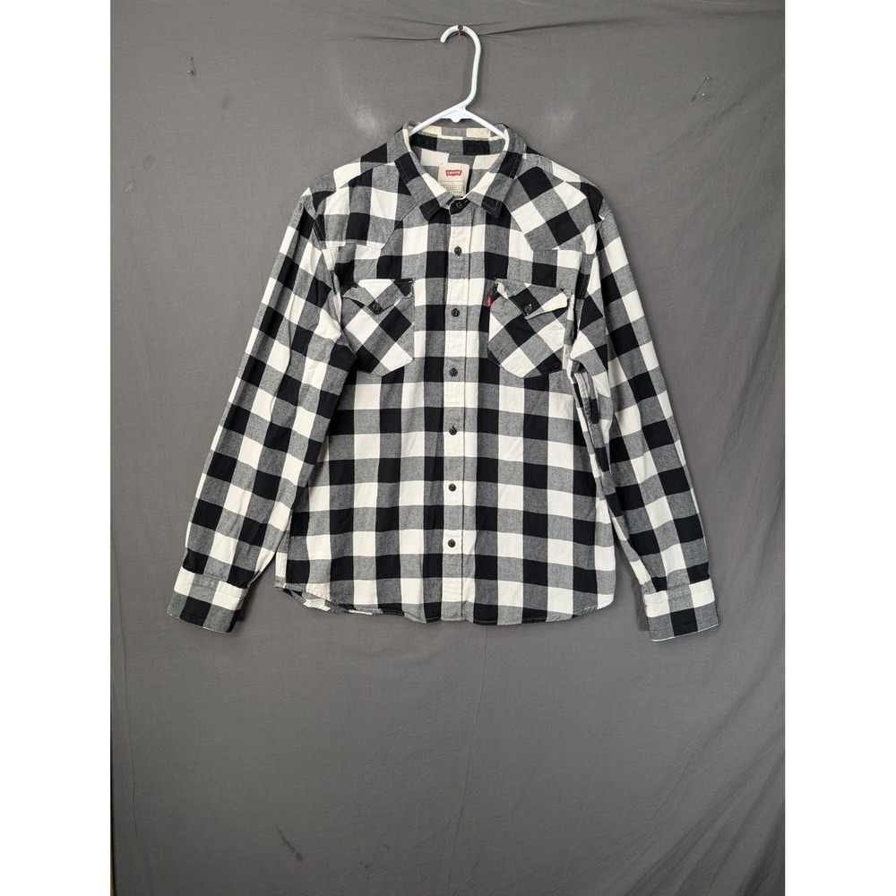 Levis Mens Western Shirt Buffalo Plaid Black White Long Sleeve Button Up Large